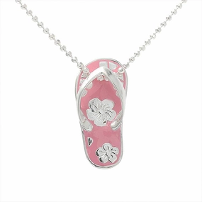 Sterling Silver Pink Enamel Slipper with Hibiscus Pendant (Chain Sold Separately)