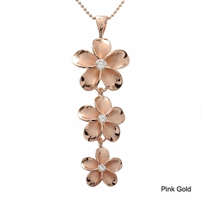 Sterling Silver Pink Gold Plated 18-15-12mm Plumeria with CZ Pendant (Chain Sold Separately)