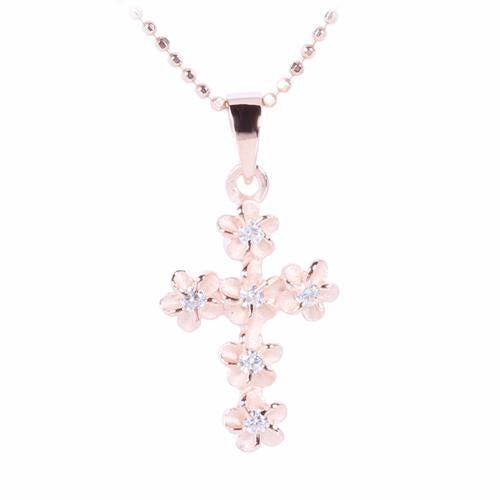 Sterling Silver Pink Gold Plated 4mm Plumeria with CZ Cross Pendant (Chain Sold Separately)