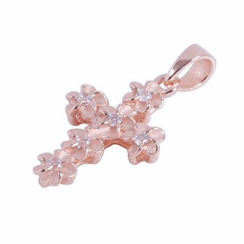 Sterling Silver Pink Gold Plated 4mm Plumeria with CZ Cross Pendant (Chain Sold Separately)
