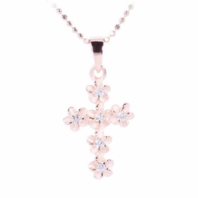 Sterling Silver Pink Gold Plated 4mm Plumeria with CZ Cross Pendant (Chain Sold Separately)