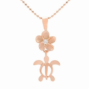 Sterling Silver Pink Gold Plated 8mm Plumeria with CZ and Honu (Turtle) Pendant (Chain Sold Separately)
