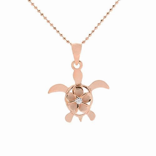 Sterling Silver Pink Gold Plated 8mm Plumeria with CZ in Honu (Turtle) Pendant (Chain Sold Separately)