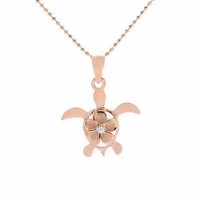 Sterling Silver Pink Gold Plated 8mm Plumeria with CZ in Honu (Turtle) Pendant (Chain Sold Separately)