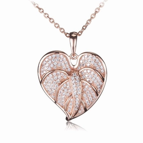 Sterling Silver Pink Gold Plated Anthurium Leaf Pave CZ Pendant (Chain Sold Separately)