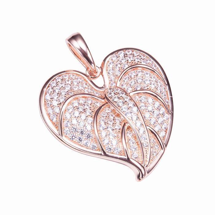Sterling Silver Pink Gold Plated Anthurium Leaf Pave CZ Pendant (Chain Sold Separately)
