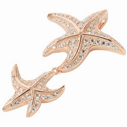 Sterling Silver Pink Gold Plated Double Starfish Pave CZ Pendant (Chain Sold Separately)