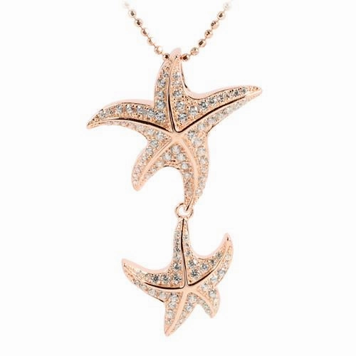 Sterling Silver Pink Gold Plated Double Starfish Pave CZ Pendant (Chain Sold Separately)