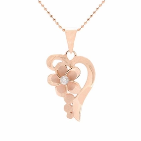 Sterling Silver Pink Gold Plated Half Heart and Plumeria with CZ Pendant (Chain Sold Separately)