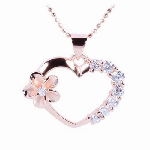 Sterling Silver Pink Gold Plated Heart Side CZ and Plumeria Pendant (Chain Sold Separately)