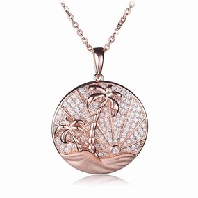 Sterling Silver Pink Gold Plated Island Sunrise in Circle Pave CZ Pendant (Chain Sold Separately)