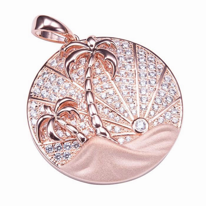 Sterling Silver Pink Gold Plated Island Sunrise in Circle Pave CZ Pendant (Chain Sold Separately)