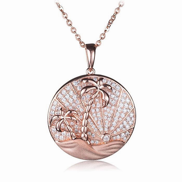 Sterling Silver Pink Gold Plated Island Sunrise in Circle Pave CZ Pendant (Chain Sold Separately)