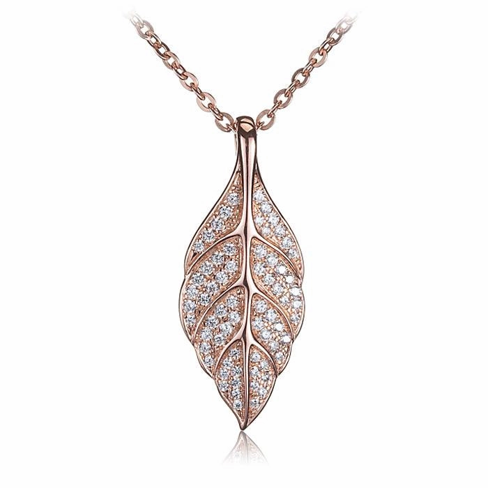 Sterling Silver Pink Gold Plated Maile Leaf Pave CZ Pendant (Chain Sold Separately)
