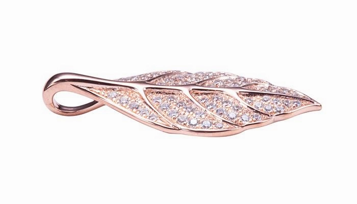 Sterling Silver Pink Gold Plated Maile Leaf Pave CZ Pendant (Chain Sold Separately)