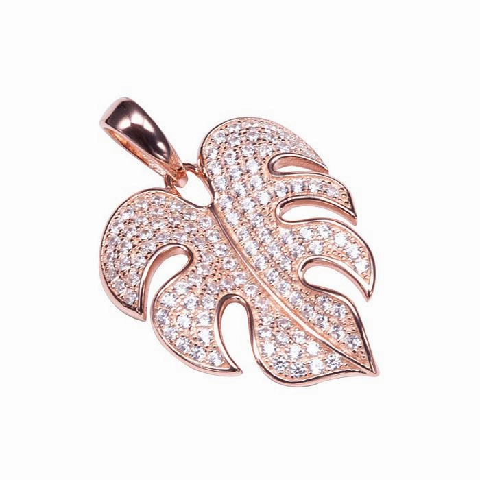 Sterling Silver Pink Gold Plated Monstera Pave CZ Pendant (Chain Sold Separately)
