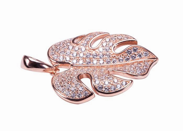 Sterling Silver Pink Gold Plated Monstera Pave CZ Pendant (Chain Sold Separately)