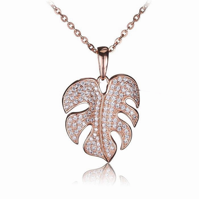 Sterling Silver Pink Gold Plated Monstera Pave CZ Pendant (Chain Sold Separately)