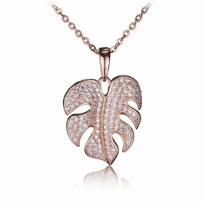 Sterling Silver Pink Gold Plated Monstera Pave CZ Pendant (Chain Sold Separately)