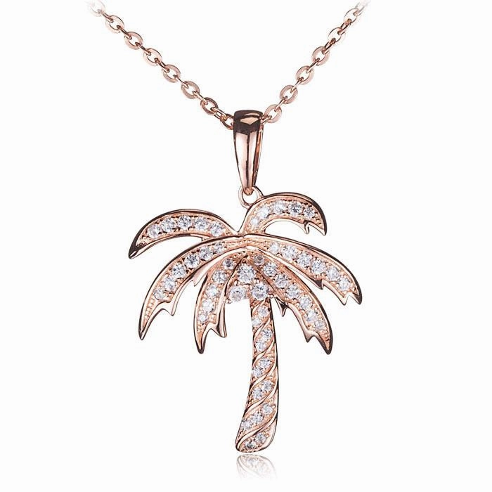 Sterling Silver Pink Gold Plated Palm Tree Pave CZ Pendant (Chain Sold Separately)