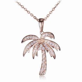 Sterling Silver Pink Gold Plated Palm Tree Pave CZ Pendant (Chain Sold Separately)