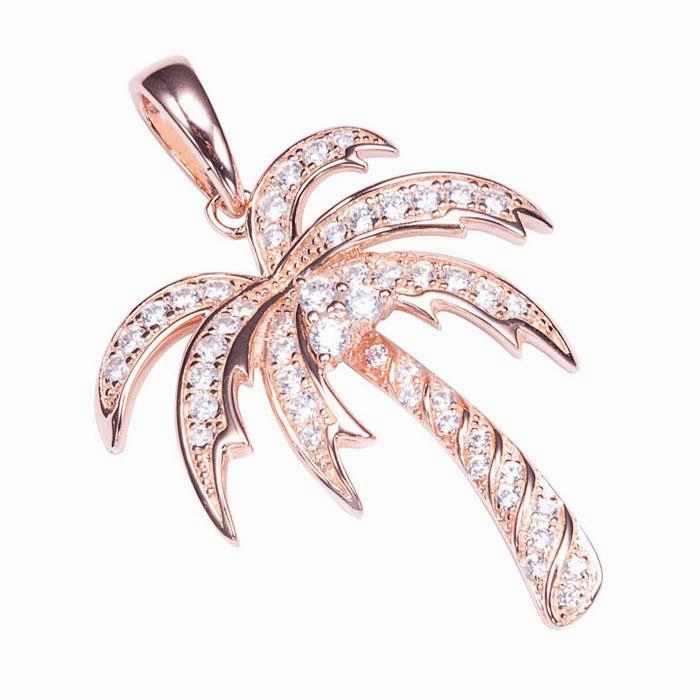 Sterling Silver Pink Gold Plated Palm Tree Pave CZ Pendant (Chain Sold Separately)