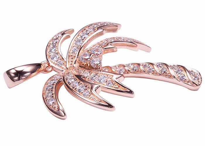Sterling Silver Pink Gold Plated Palm Tree Pave CZ Pendant (Chain Sold Separately)