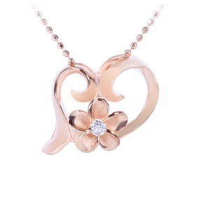 Sterling Silver Pink Gold Plated Plumeria with CZ in Floating Heart Pendant (Chain Sold Separately)