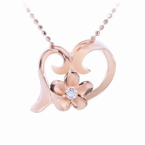 Sterling Silver Pink Gold Plated Plumeria with CZ in Floating Heart Pendant (Chain Sold Separately)