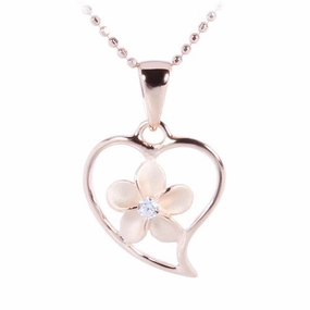 Sterling Silver Pink Gold Plated Plumeria with CZ in Heart Pendant (Chain Sold Separately)