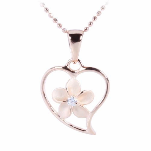 Sterling Silver Pink Gold Plated Plumeria with CZ in Heart Pendant (Chain Sold Separately)