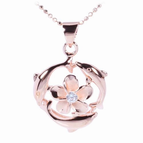 Sterling Silver Pink Gold Plated Plumeria with CZ in Swimming Dolphins Pendant (Chain Sold Separately)