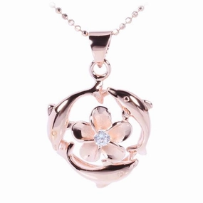 Sterling Silver Pink Gold Plated Plumeria with CZ in Swimming Dolphins Pendant (Chain Sold Separately)