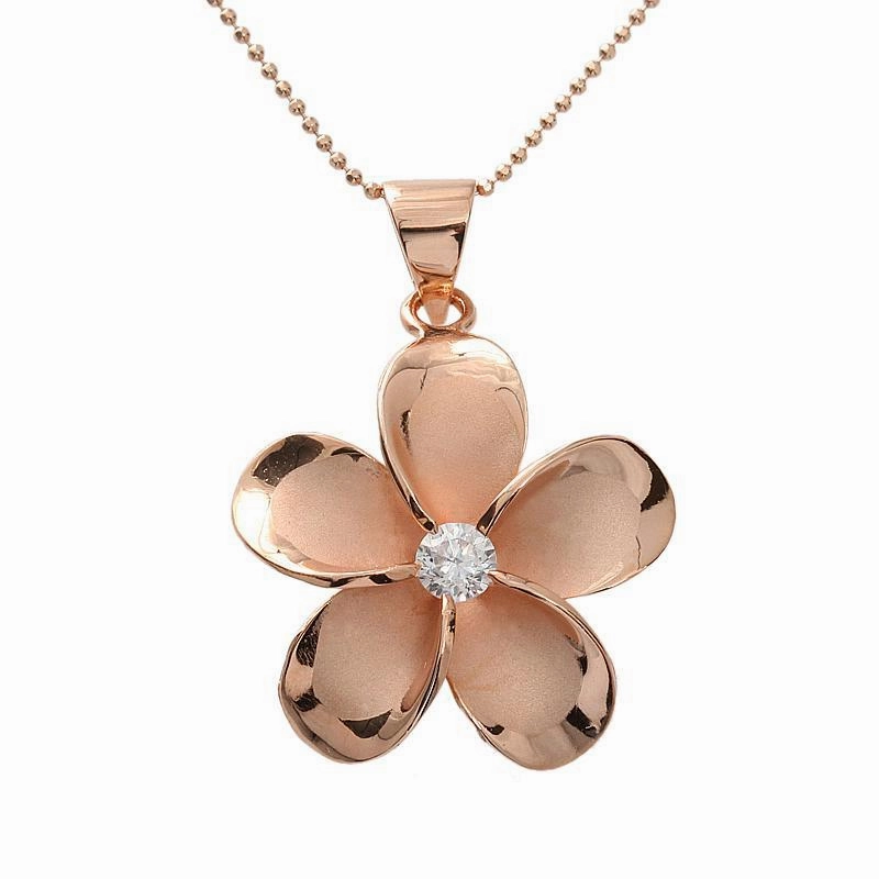 Sterling Silver Pink Gold Plated Plumeria with CZ Pendant (M/L) (Chain Sold Separately)