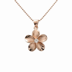 Sterling Silver Pink Gold Plated Plumeria with CZ Pendant (M/L) (Chain Sold Separately)