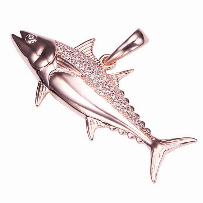 Sterling Silver Pink Gold Plated Tuna Fish Pave CZ Pendant (Chain Sold Separately)