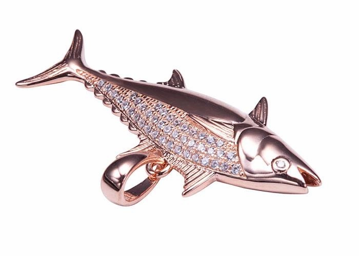 Sterling Silver Pink Gold Plated Tuna Fish Pave CZ Pendant (Chain Sold Separately)