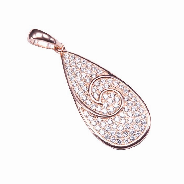 Sterling Silver Pink Gold Plated Wave Pave CZ Teardrop Pendant (Chain Sold Separately)