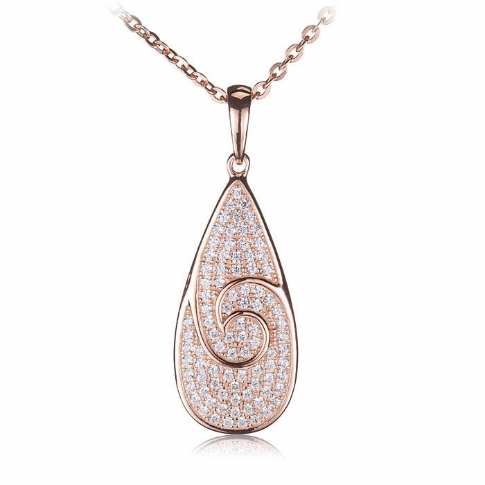 Sterling Silver Pink Gold Plated Wave Pave CZ Teardrop Pendant (Chain Sold Separately)