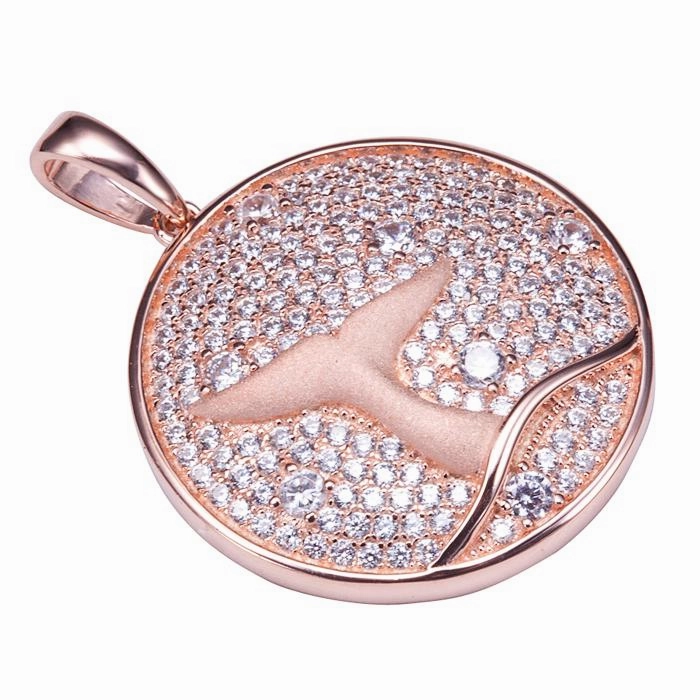 Sterling Silver Pink Gold Plated Whale Tail in Circle Pave CZ Pendant (Chain Sold Separately)