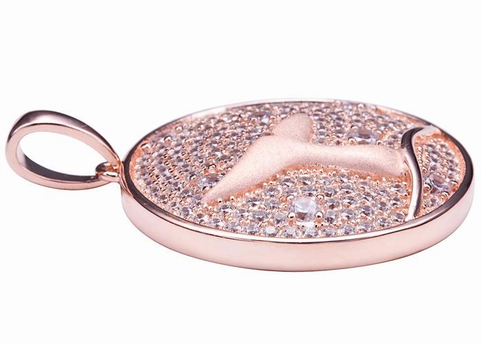 Sterling Silver Pink Gold Plated Whale Tail in Circle Pave CZ Pendant (Chain Sold Separately)