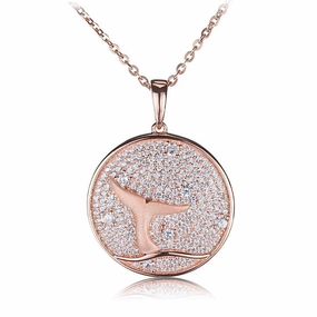 Sterling Silver Pink Gold Plated Whale Tail in Circle Pave CZ Pendant (Chain Sold Separately)