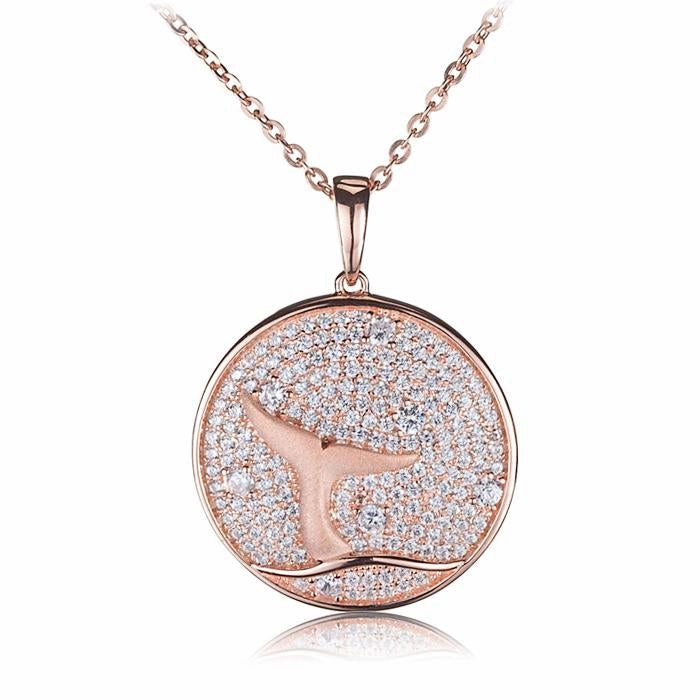 Sterling Silver Pink Gold Plated Whale Tail in Circle Pave CZ Pendant (Chain Sold Separately)