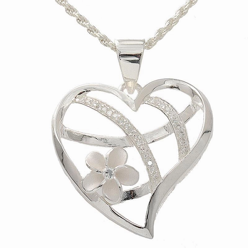Sterling Silver Plumeria and CZ Heart Pendant (Chain Sold Separately)