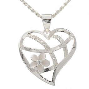 Sterling Silver Plumeria and CZ Heart Pendant (Chain Sold Separately)