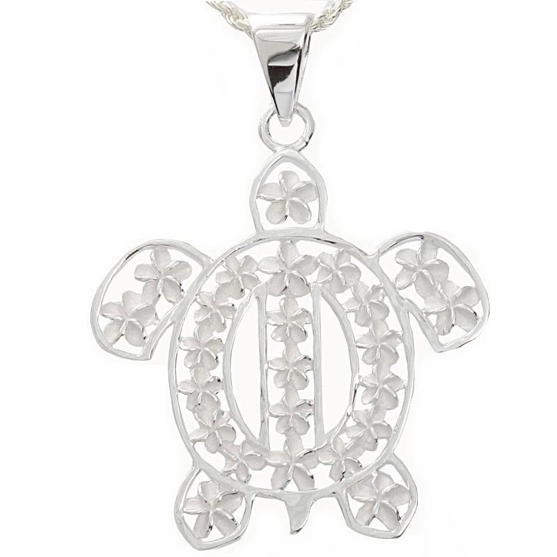 Sterling Silver Plumeria in Honu (Hawaiian Turtle) Pendant (Chain Sold Separately)