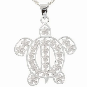 Sterling Silver Plumeria in Honu (Hawaiian Turtle) Pendant (Chain Sold Separately)
