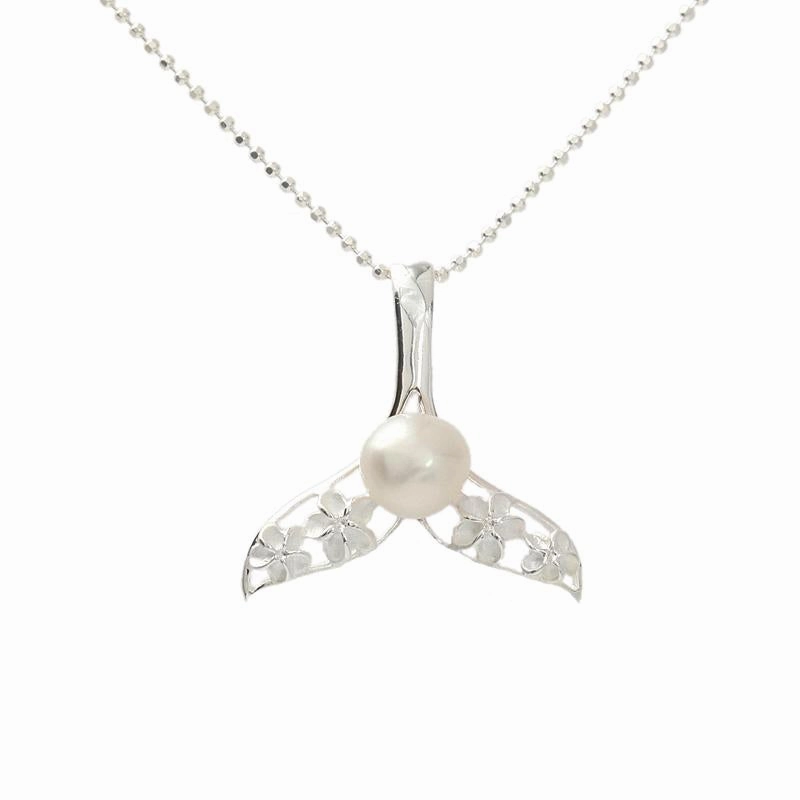 Sterling Silver Plumeria in Whale Tail with White Fresh Water Pearl Pendant (Chain Sold Separately)