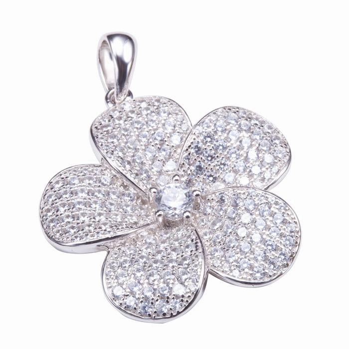 Sterling Silver Plumeria Pave CZ Pendant (Chain Sold Separately)