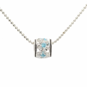 Sterling Silver Plumeria with Blue CZ Black Border Barrel Pendant (Chain Sold Separately)